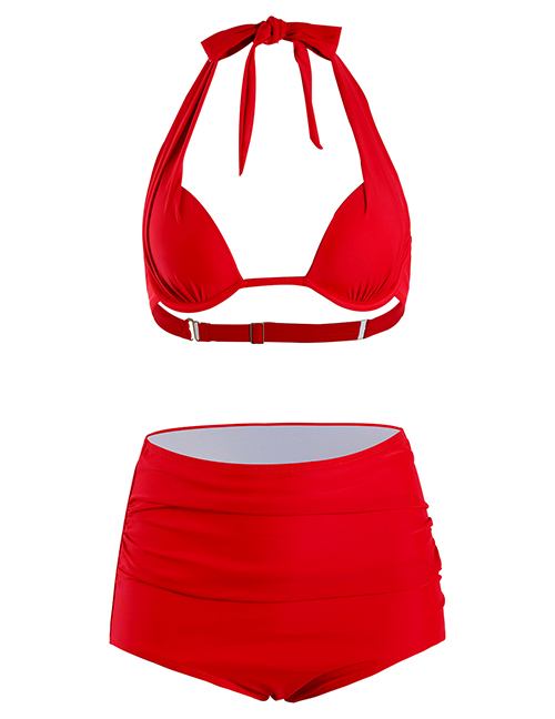Fashion Red Hard Pack High Waist Halter Split Swimsuit