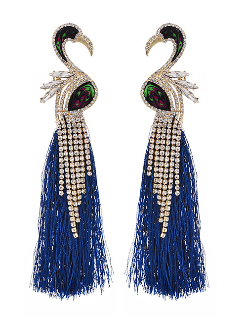 Fashion Royal Blue Alloy Studded Flamingo Tassel Earrings