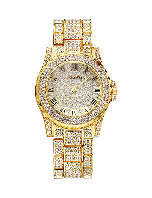 Fashion Golden Quartz Watch With Diamonds And Steel Band