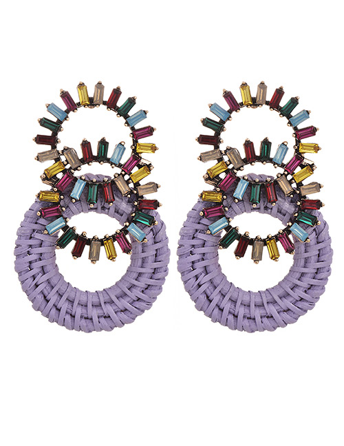 Fashion Light Purple Alloy Rattan Round Wood Stud Earrings
