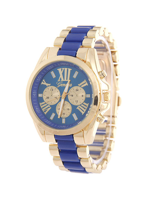 Fashion Blue Roman Numeral Geneva Three-eye Steel Band Quartz Watch