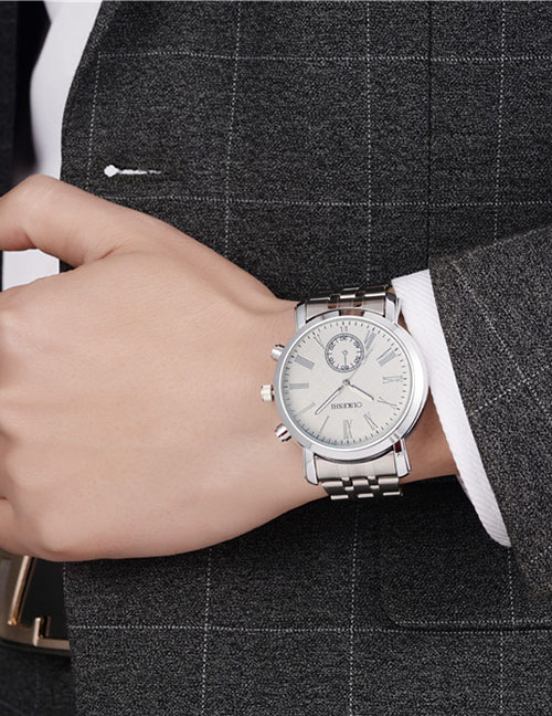 Fashion White Steel Strap Roman Numeral Quartz Men's Watch