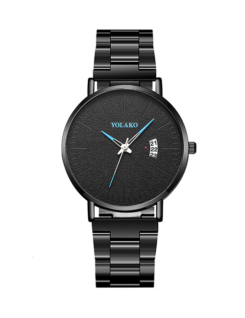 Fashion Black Blue Pin Men's Quartz Watch With Steel Band Calendar