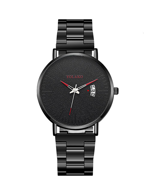 Fashion Black Red Pin Men's Quartz Watch With Steel Band Calendar