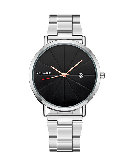 Fashion Black Face With Silver Band Steel Strap Ultra-thin Calendar Men's Watch