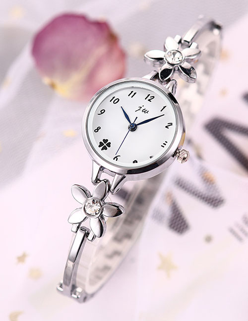 Fashion Silver + White Flower Bracelet Diamond Bracelet Watch