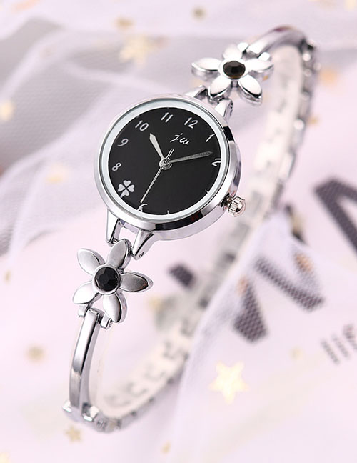 Fashion Silver + Black Flower Bracelet Diamond Bracelet Watch