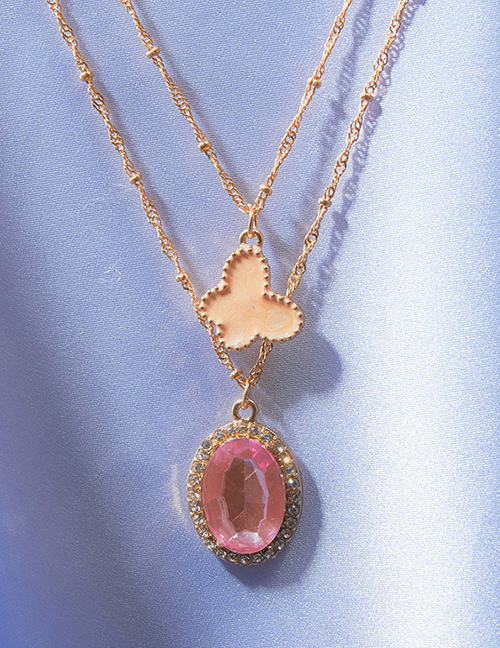 Fashion Pink Dripping Butterfly Oval Zircon Crystal Necklace Set