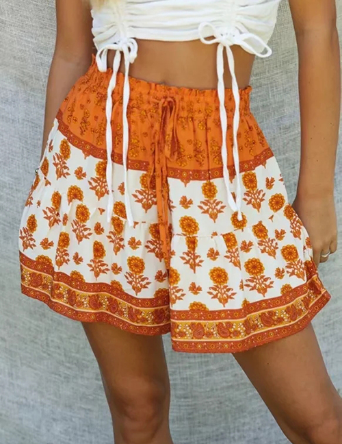 Fashion Orange Tie-print Paneled Elastic Shorts
