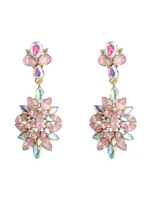 Fashion Pink Alloy Flower And Diamond Geometric Earrings