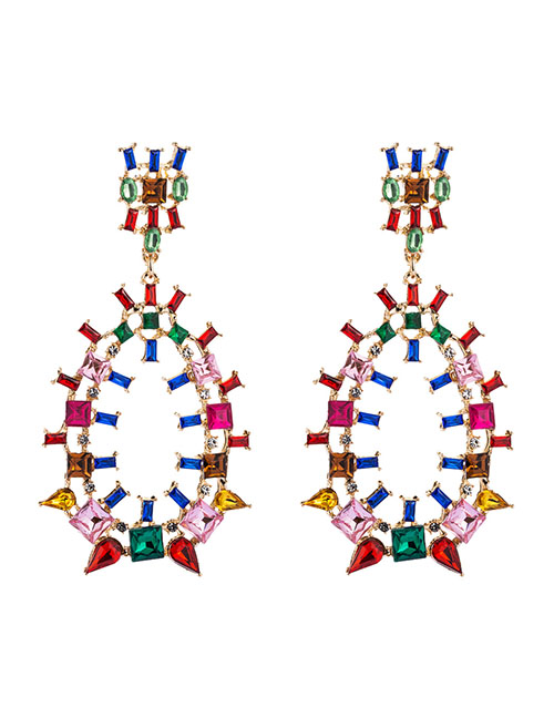 Fashion Golden Color Geometric Cutout Earrings With Colorful Rhinestones