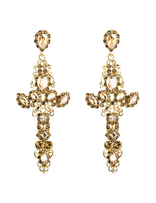 Fashion Golden Alloy Pierced Cross Earrings With Rhinestones