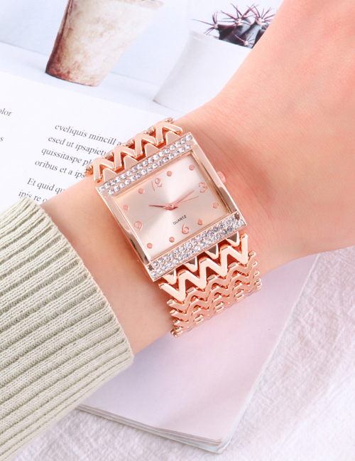 Fashion Rose Gold Women's Quartz Watch With Diamond Square Metal Strap