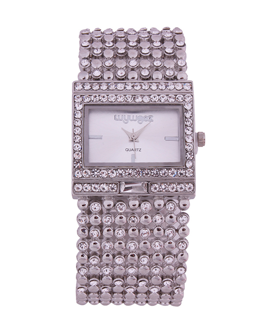Fashion Diamond Silver Women's Quartz Watch With Wide Steel Band And Diamonds