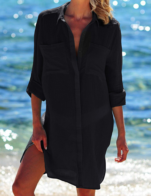 Fashion Black Lapel Two Pocket Concealed Shirt-blouse