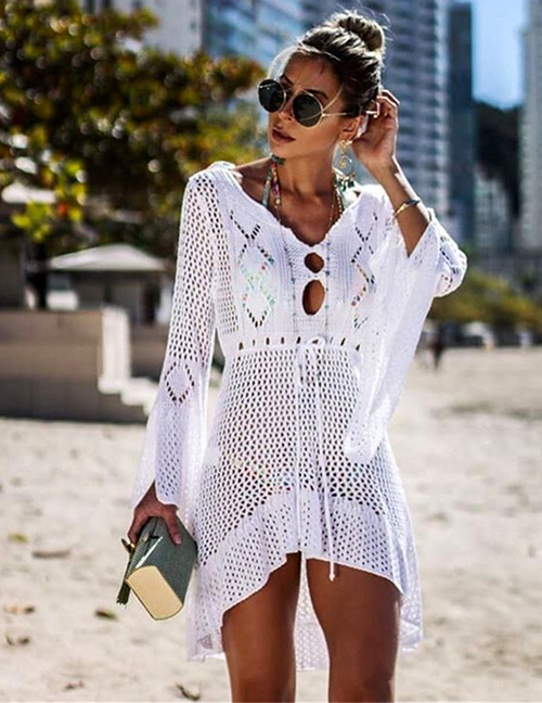 Fashion White Hollow Knit Skirt Flare Sleeve Sunscreen Blouse