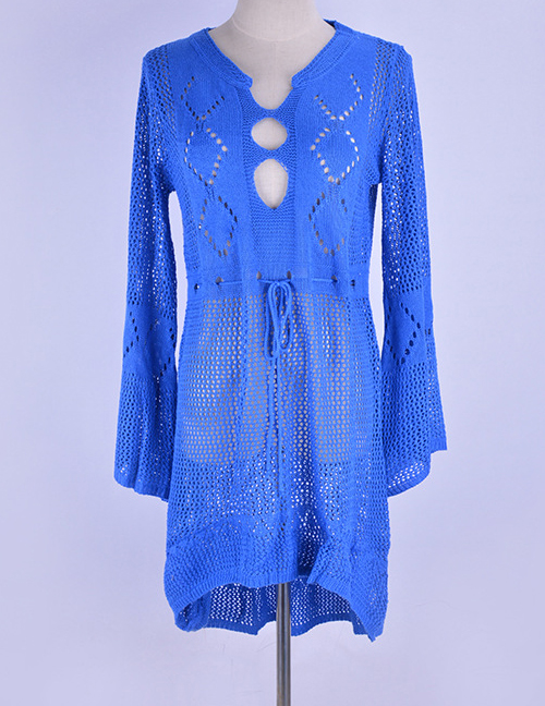 Fashion Royal Blue Hollow Knit Skirt Flare Sleeve Sunscreen Blouse