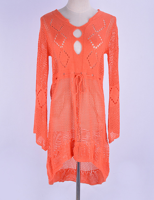 Fashion Orange Hollow Knit Skirt Flare Sleeve Sunscreen Blouse