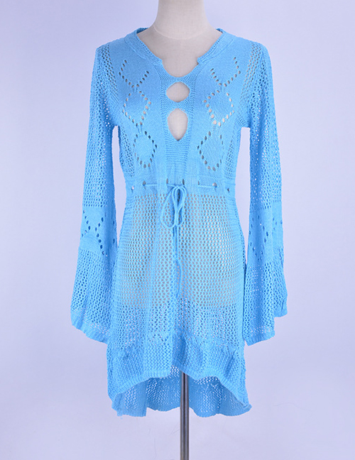 Fashion Sky Blue Hollow Knit Skirt Flare Sleeve Sunscreen Blouse