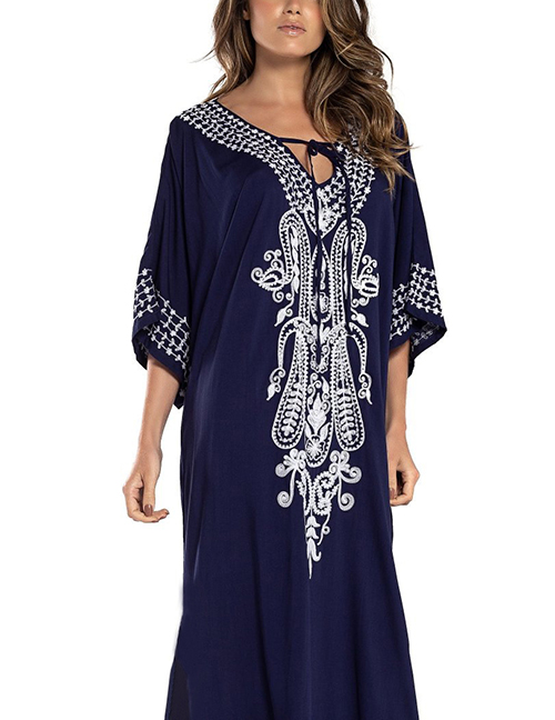Fashion Navy Cotton Embroidered Plus Size Dress Sun Protection Clothing