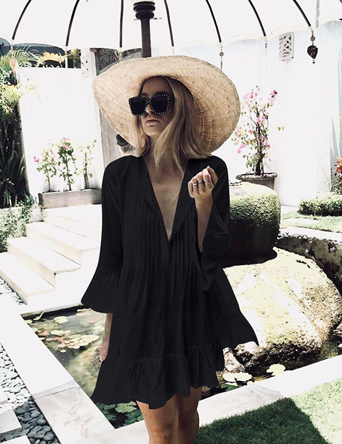 Fashion Black Cotton Cotton Pleated Button Flared Sleeves Plus Size Sun Protection Clothing
