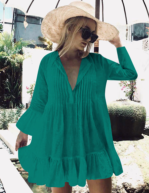 Fashion Lake Green Cotton Cotton Pleated Button Flared Sleeves Plus Size Sun Protection Clothing