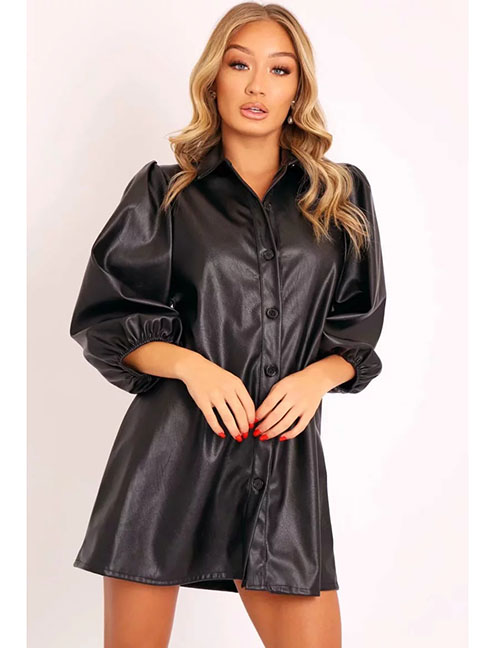 Fashion Black Lantern Sleeved Single-breasted Leather Coat With Belt