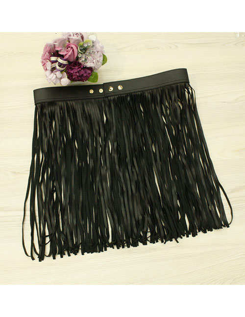Fashion Black Long 45cm Fringe Skirt Long Waist Belt