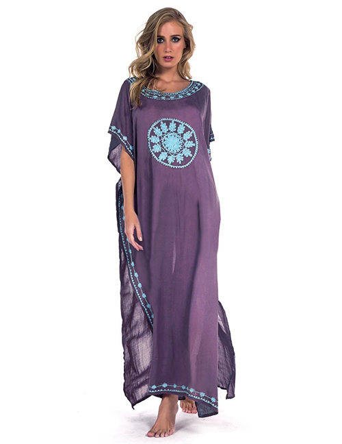 Fashion Dark Purple Nylon Embroidered Loose Large Plus Size Sunscreen Clothing