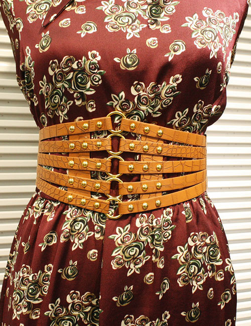 Fashion Beige Gold Rivets Full Studded Elastic Dress Belt