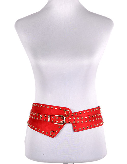 Fashion Red Wide Belt With Studded Elastic Buckle