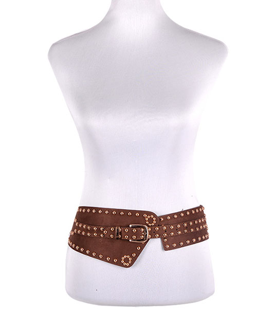 Fashion Brown Wide Belt With Studded Elastic Buckle