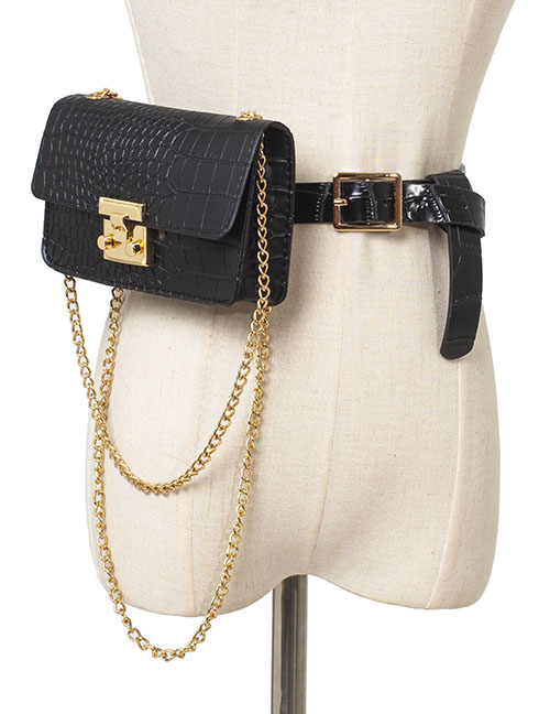 Fashion Large Black Snakeskin Chain Lock Single Shoulder Diagonal Belt Belt Bag