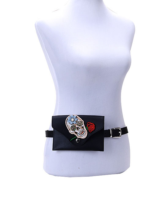 Fashion Blue Single Circle Pu Leather Embroidered Skull Belt Belt Bag