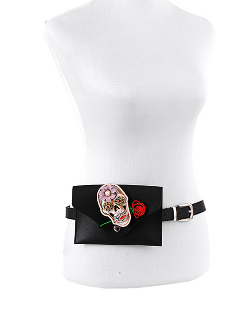 Fashion Pink Single Circle Pu Leather Embroidered Skull Belt Belt Bag