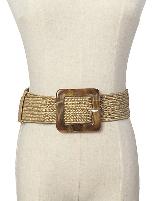 Fashion Khaki Woven Carved Wooden Button Stretch Dress Shirt Waist Seal