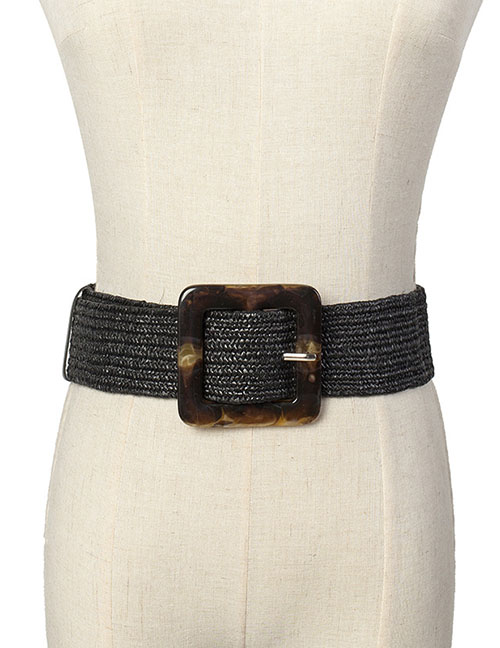 Fashion Black Woven Carved Wooden Button Stretch Dress Shirt Waist Seal