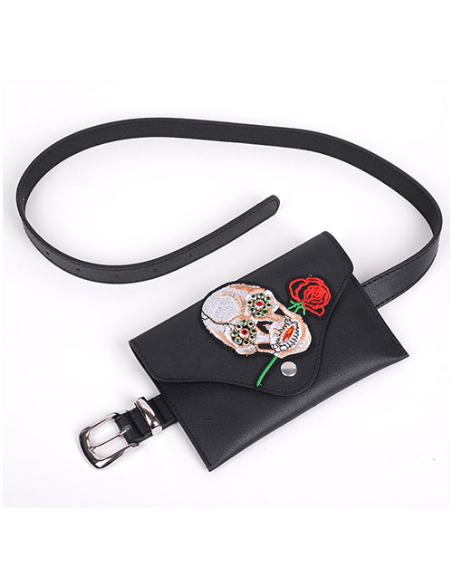 Fashion Skull Pin Buckle Pu Leather Embroidered Skull Belt Belt Bag