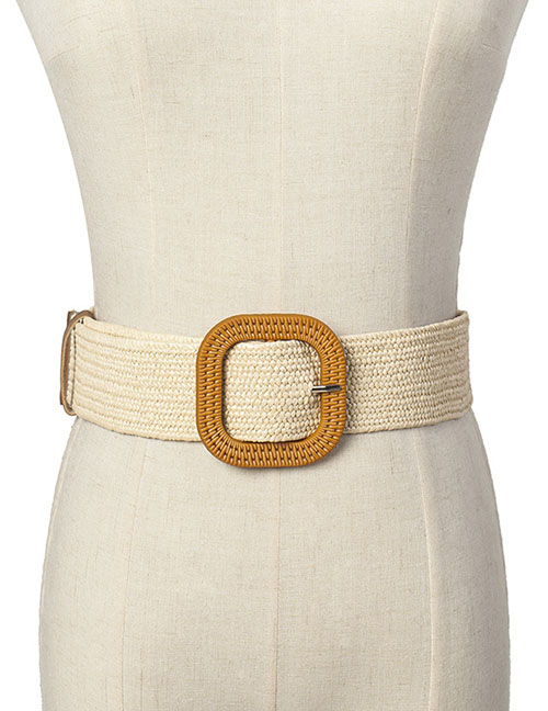 Fashion Beige Woven Carved Wooden Button Stretch Dress Shirt Waist Seal