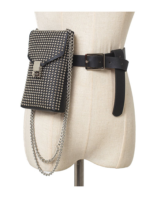 Fashion Black Studded Pu Chain Lock Belt Belt Bag