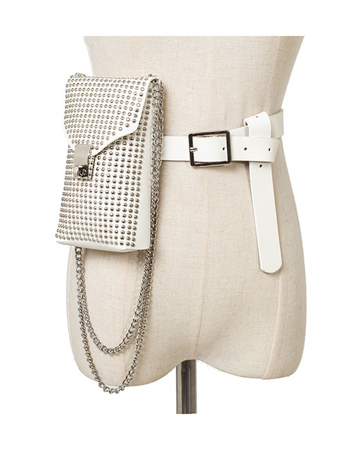 Fashion White Studded Pu Chain Lock Belt Belt Bag