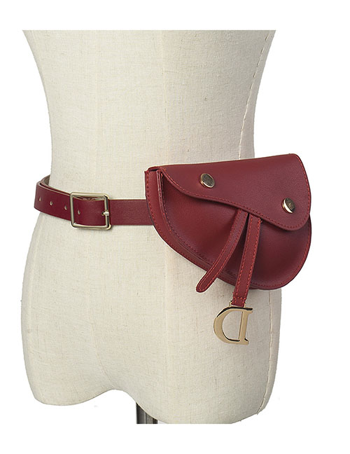 Fashion Wine Red Belt Buckle Geometric Flap Belt Belt Bag