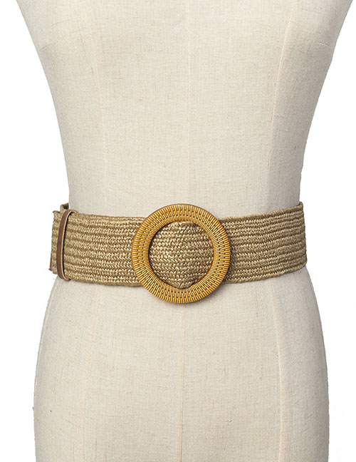 Fashion Khaki Woven Carved Wooden Button Stretch Dress Shirt Waist Seal