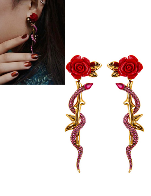 Fashion Red Rose Metal Snake Earrings