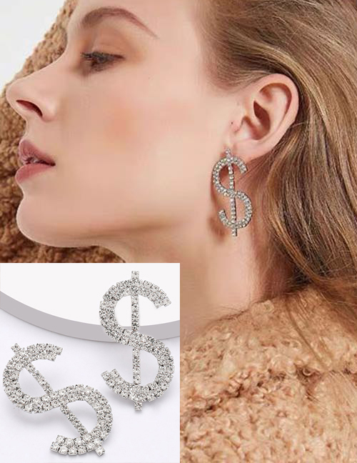 Fashion Silver Dollar Sign Alloy Diamond Earrings