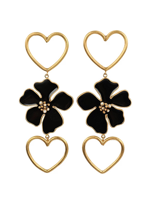 Fashion Black Flower Drop Love Heart Pierced Earrings
