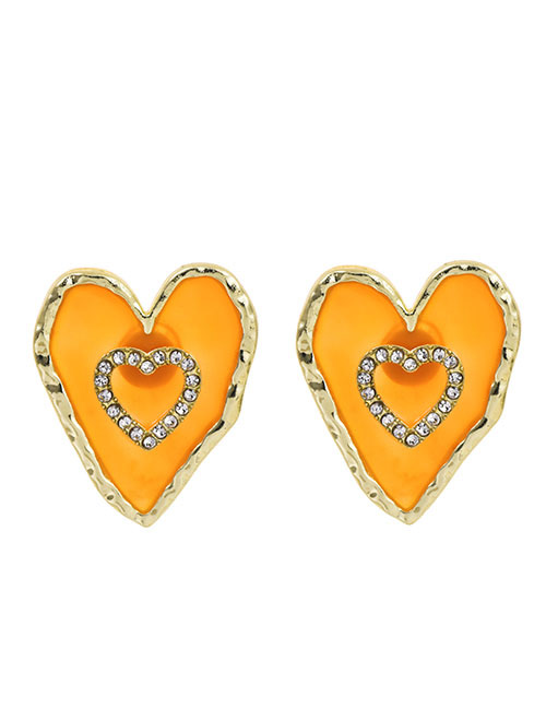 Fashion Orange Love Heart Stud Earrings With Diamonds