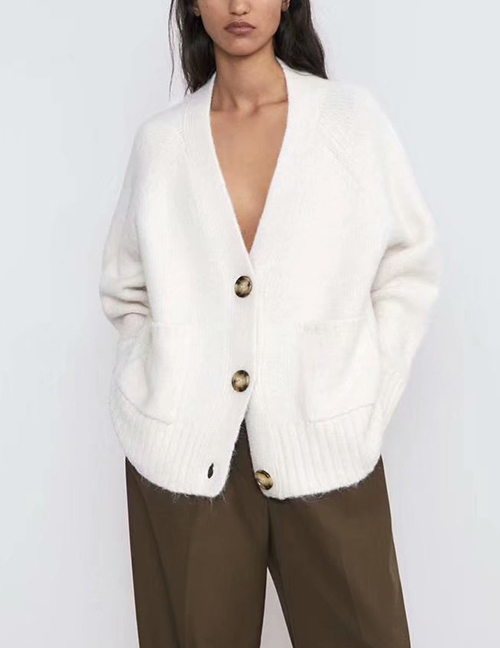 Fashion White Large Pocket Knitted Single-breasted Cardigan