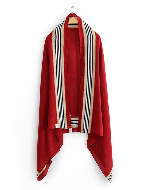 Fashion Red Contrast Vertical Stripes Printed Scarf On Both Sides