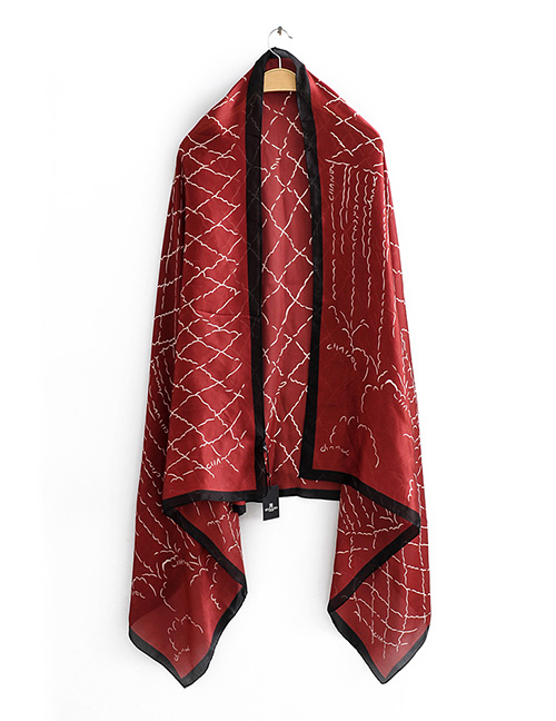 Fashion Red Wine Abstract Contrast Print Simulation Silk Scarf